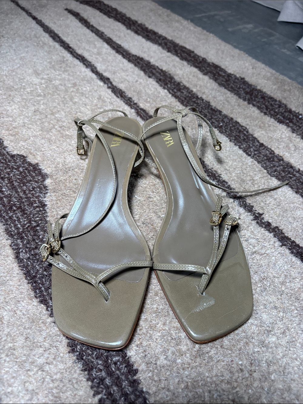 Zara Olive Taupe Strappy Square-Toe Sandals